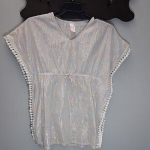 Cat & Jack Iridescent White Tunic with Pom-Pom Trim Boho Coverup 10/12